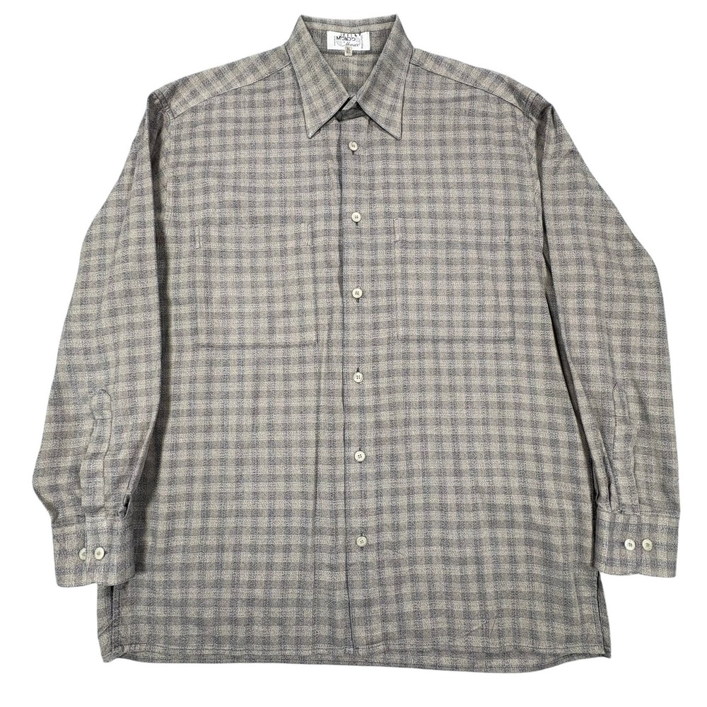 Vintage Mondo di Marco Long Sleeve Shirt Mens M Beige Blue Plaid Button Up Italy